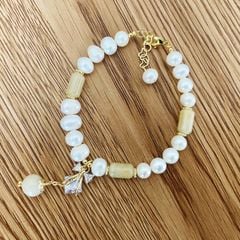 Vòng Tay Ngọc Trai Tự Nhiên phối Đá Cẩm Thạch màu ngà phật tử MADAME HIEN PEARLS VTT032