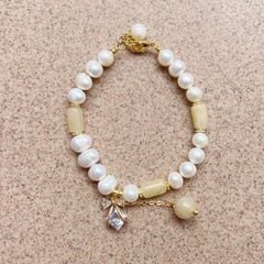 Vòng Tay Ngọc Trai Tự Nhiên phối Đá Cẩm Thạch màu ngà phật tử MADAME HIEN PEARLS VTT032