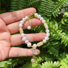 Vòng Tay Ngọc Trai Tự Nhiên phối Đá Cẩm Thạch màu ngà phật tử MADAME HIEN PEARLS VTT032