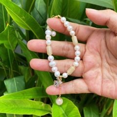 Vòng Tay Ngọc Trai Tự Nhiên phối Đá Cẩm Thạch màu ngà phật tử MADAME HIEN PEARLS VTT032