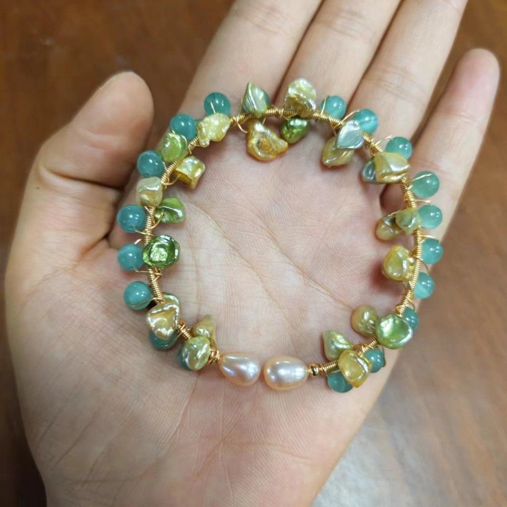 Vòng Tay Ngọc Trai Dị Tái Sinh Màu Kim Lam Aventurine Hiếm Có MADAME HIEN PEARLS Thời Trang Unisex Nam Nữ VTB034