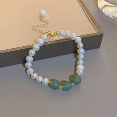Vòng Tay Ngọc Trai Tự Nhiên Đính 3 Hạt Mặt Đá Cẩm Thạch Mã Não MADAME HIEN PEARLS Sang Trọng VTT073