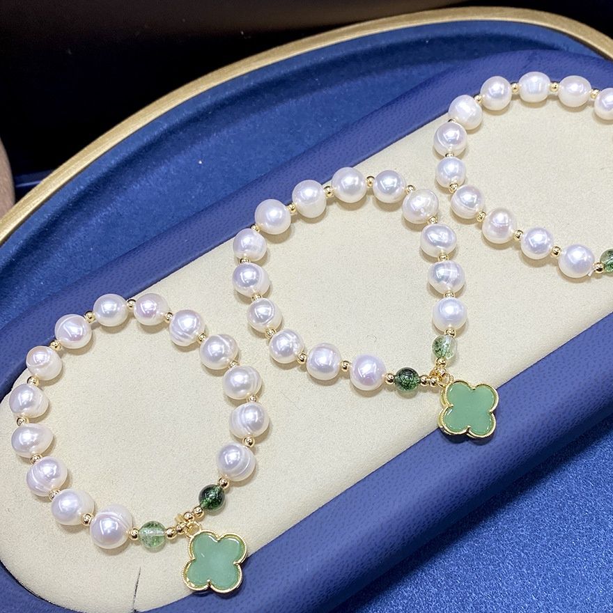Vòng Tay Ngọc Trai Phối Cham Cỏ 4 Lá Xanh Cẩm Thạch MADAME HIEN PEARLS Cho Nữ VTT080
