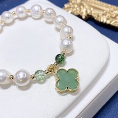 Vòng Tay Ngọc Trai Phối Cham Cỏ 4 Lá Xanh Cẩm Thạch MADAME HIEN PEARLS Cho Nữ VTT080
