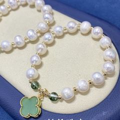 Vòng Tay Ngọc Trai Phối Cham Cỏ 4 Lá Xanh Cẩm Thạch MADAME HIEN PEARLS Cho Nữ VTT080