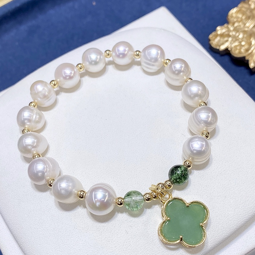 Vòng Tay Ngọc Trai Phối Cham Cỏ 4 Lá Xanh Cẩm Thạch MADAME HIEN PEARLS Cho Nữ VTT080