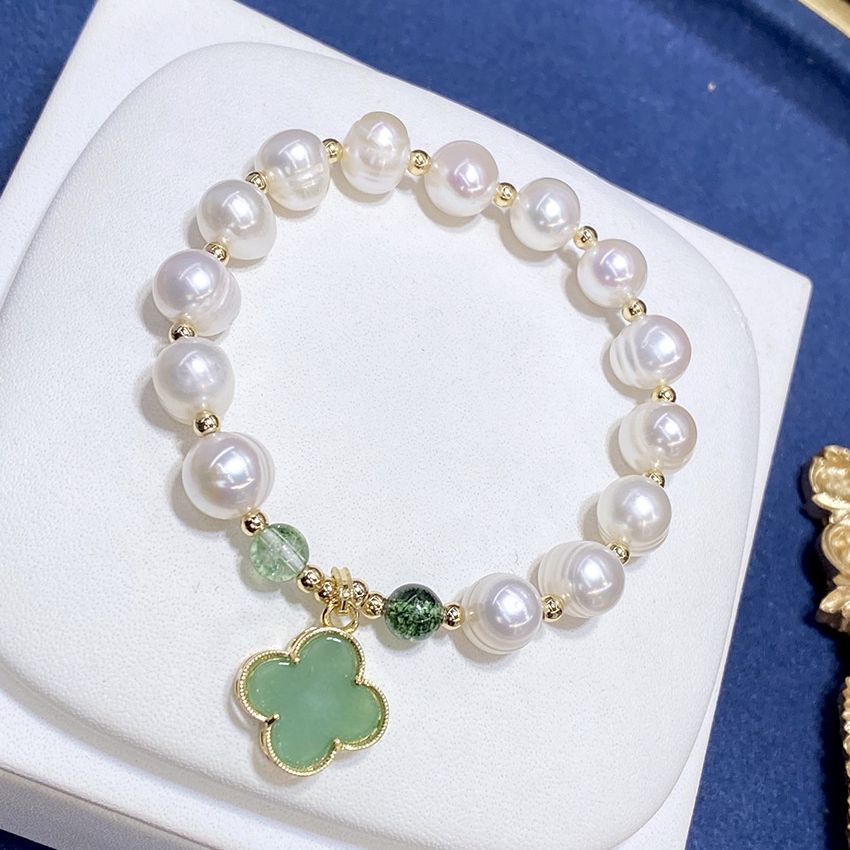 Vòng Tay Ngọc Trai Phối Cham Cỏ 4 Lá Xanh Cẩm Thạch MADAME HIEN PEARLS Cho Nữ VTT080
