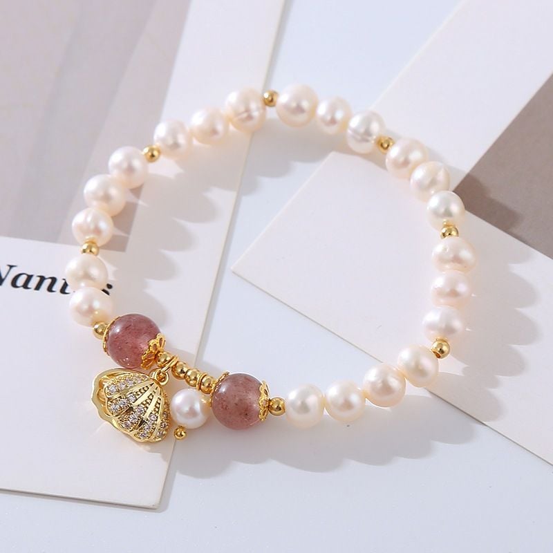 Vòng Tay Ngọc Trai Tự Nhiên Phối Hạt Cham Cẩm Thạch Dâu Tây Tua Rua Sò Biển MADAME HIEN PEARLS VTT084