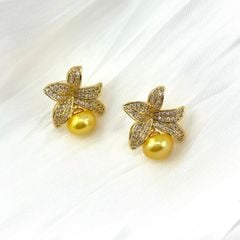 Bông Tai Ngọc Trai Tự Nhiên Mặt Hoa Ly Khung Vàng  Đính Đá Zircon MADAME HIEN PEARLS Cho Nữ BTN191V