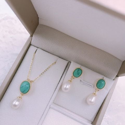 Bộ Set Ngọc Trai Dây chuyền + Bông Tai Ngọc Lam Xanh Cổ Điển Đông Dương Quý Bà Sang Trọng Quý Phái SPS015