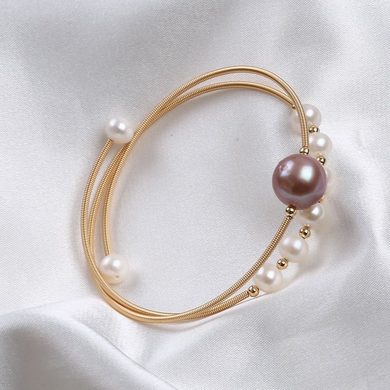 Vòng Tay Hai Lớp Đính Hạt Ngọc Trai To Còng Cứng đeo tay Cá Tính Thời Trang VTB017