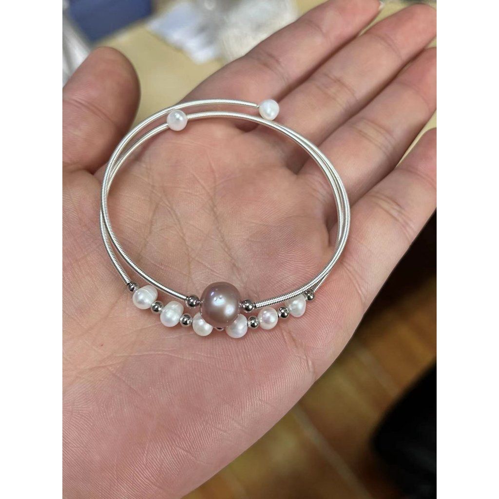 Vòng Tay Hai Lớp Đính Hạt Ngọc Trai To Còng Cứng đeo tay Cá Tính Thời Trang VTB017