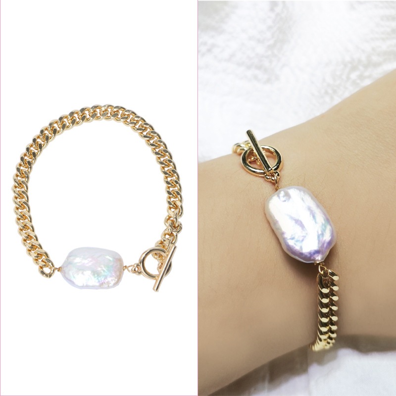 Vòng Tay Mặt Ngọc Trai Baroque Vuông Đơn Giản Phối Dây Kim Loại Mặt Khóa OT MADAME HIEN PEARLS VTB053