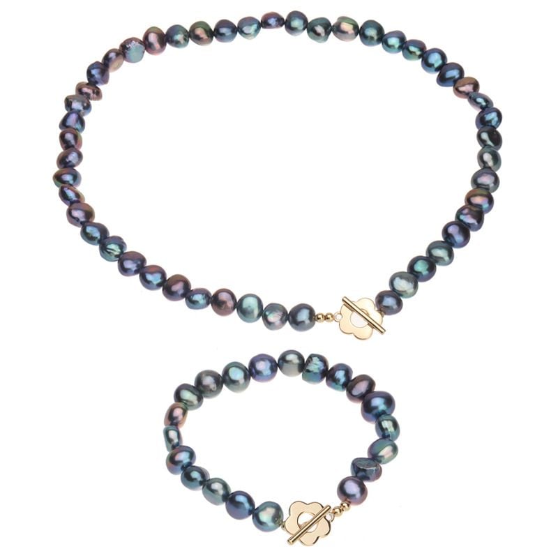 Bộ Vòng Cổ và Vòng Tay Ngọc Trai Hạt Baroque Đen Lông Công Ánh Xà Cừ Phối Khoá OT Hoa Mận MADAME HIEN PEARLS Cho Nữ SPS061