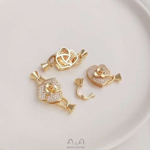 Khóa Cài Mặt Dây Chuyền Hình Nơ Hồng Zircon Mạ Vàng 14K Đính Ngọc Trai diy Màu Sắc Đa Dạng