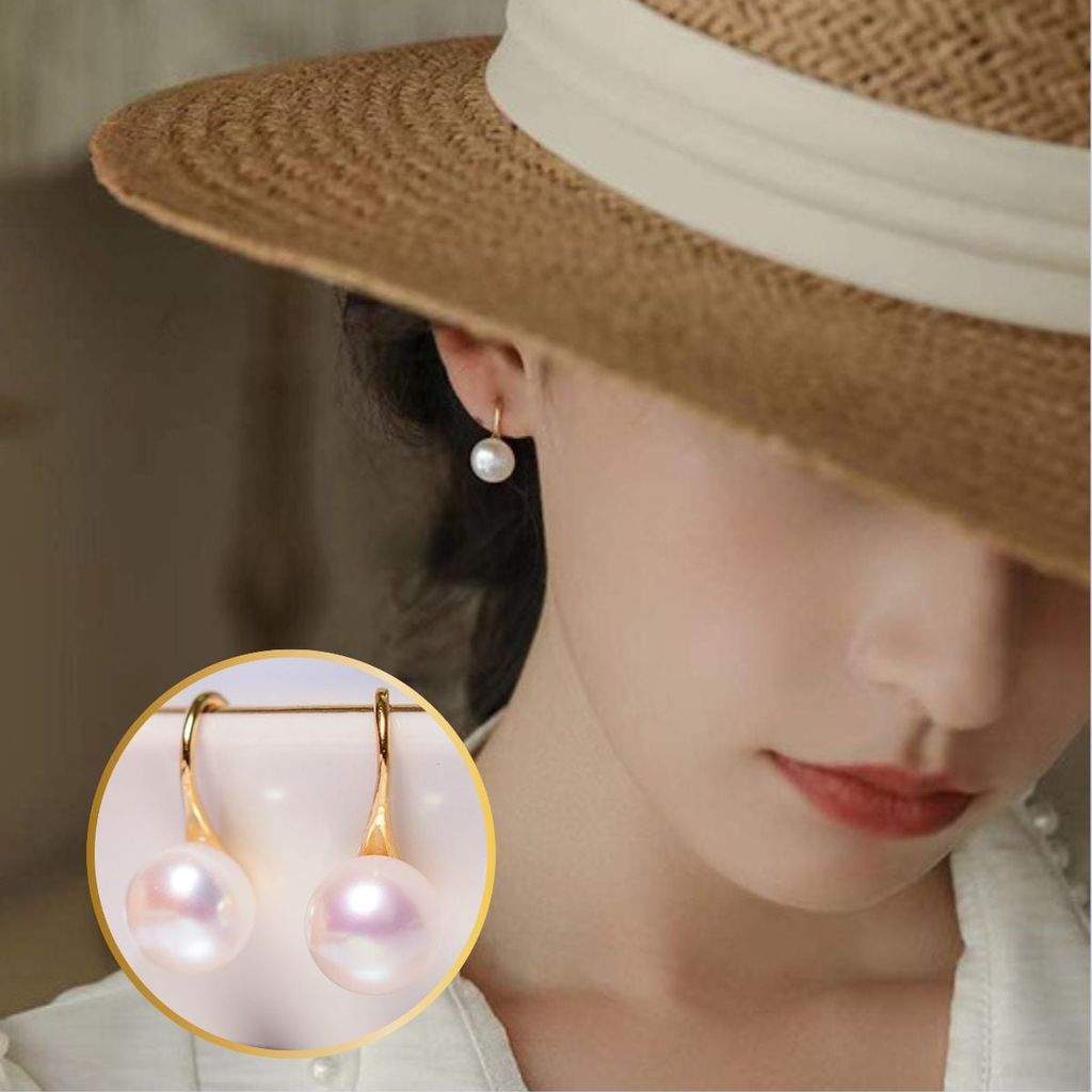 Bông Tai MADAME HIEN PEARL Hạt trai trắng 8-9mm AAA Vàng 14k dáng gót giày YM003