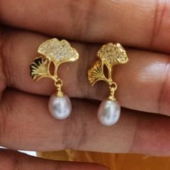 Bông Tai Bạc 925 Lá Bạch Quả Ginkgo Tua Rua Ngọc Trai Tự Nhiên 8-9mm BTG015