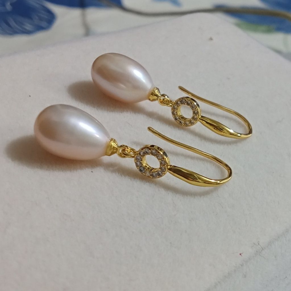 Bông Tai Tua Rua Đính Đá Zircon và Ngọc Trai Tự Nhiên 12mm Hình Giọt Nước BTG003