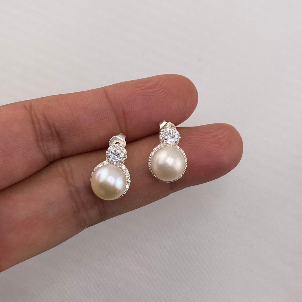 Bông Tai Ngọc Trai Bạc Ta Đính Đá Quý Nhí Tròn MADAME HIEN PEARLS sang trọng, quý phái BTN038