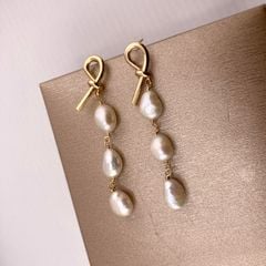 Khuyên Tai 3 Hạt Dáng Dài Thắt Nút Đính Ngọc Trai Tự Nhiên dài tua rua Phong Cách baroque BTB003B