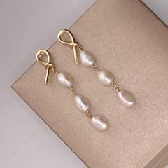 Khuyên Tai 3 Hạt Dáng Dài Thắt Nút Đính Ngọc Trai Tự Nhiên dài tua rua Phong Cách baroque BTB003B