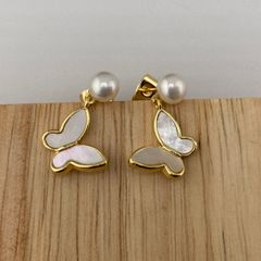 Bông Tai Bướm Trắng Mặt Xà Cừ Đính Ngọc Trai MADAME HIEN PEARLS Phong Cách Châu Âu BTN019