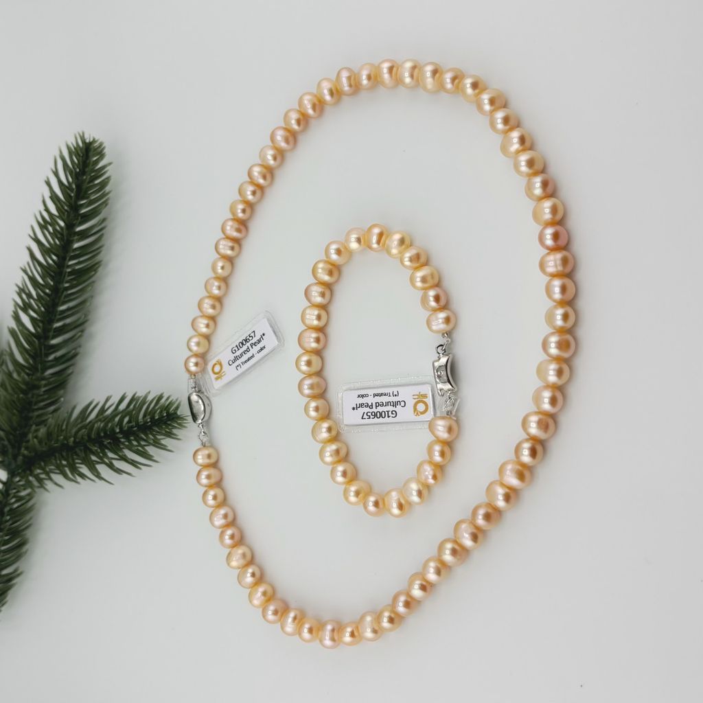 [Kèm Kiểm Định] Set Bộ Trang Sức Ngọc Trai Hồng Tròn Tự Nhiên Hạt Đẹp 7-8mm Gồm Vòng cổ và Vòng Tay MADAME HIEN PEARLS