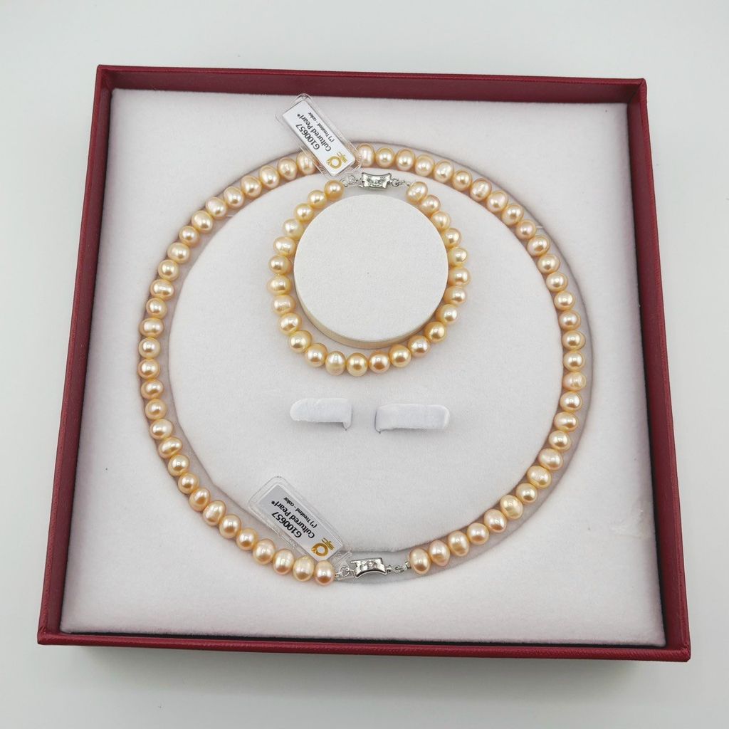 [Kèm Kiểm Định] Set Bộ Trang Sức Ngọc Trai Hồng Tròn Tự Nhiên Hạt Đẹp 7-8mm Gồm Vòng cổ và Vòng Tay MADAME HIEN PEARLS