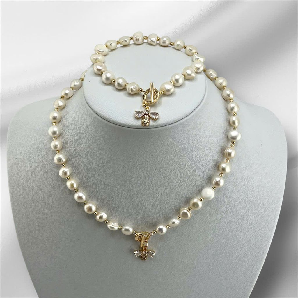Bộ Trang Sức Ngọc Trai Baroque Cá Tính Gồm Vòng Cổ, Vòng Tay và Bông Tai Ngọc Trai Đính Cham Ong Lạ Mắt MADAME HIEN PEARLS SCB004