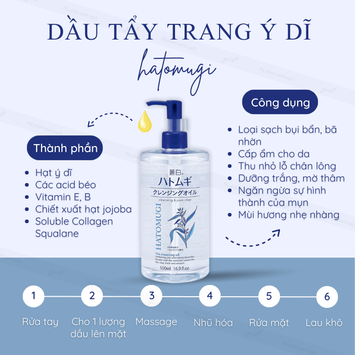 HATOMUGI Dầu Tẩy Trang Hạt Ý Dĩ 500ml
