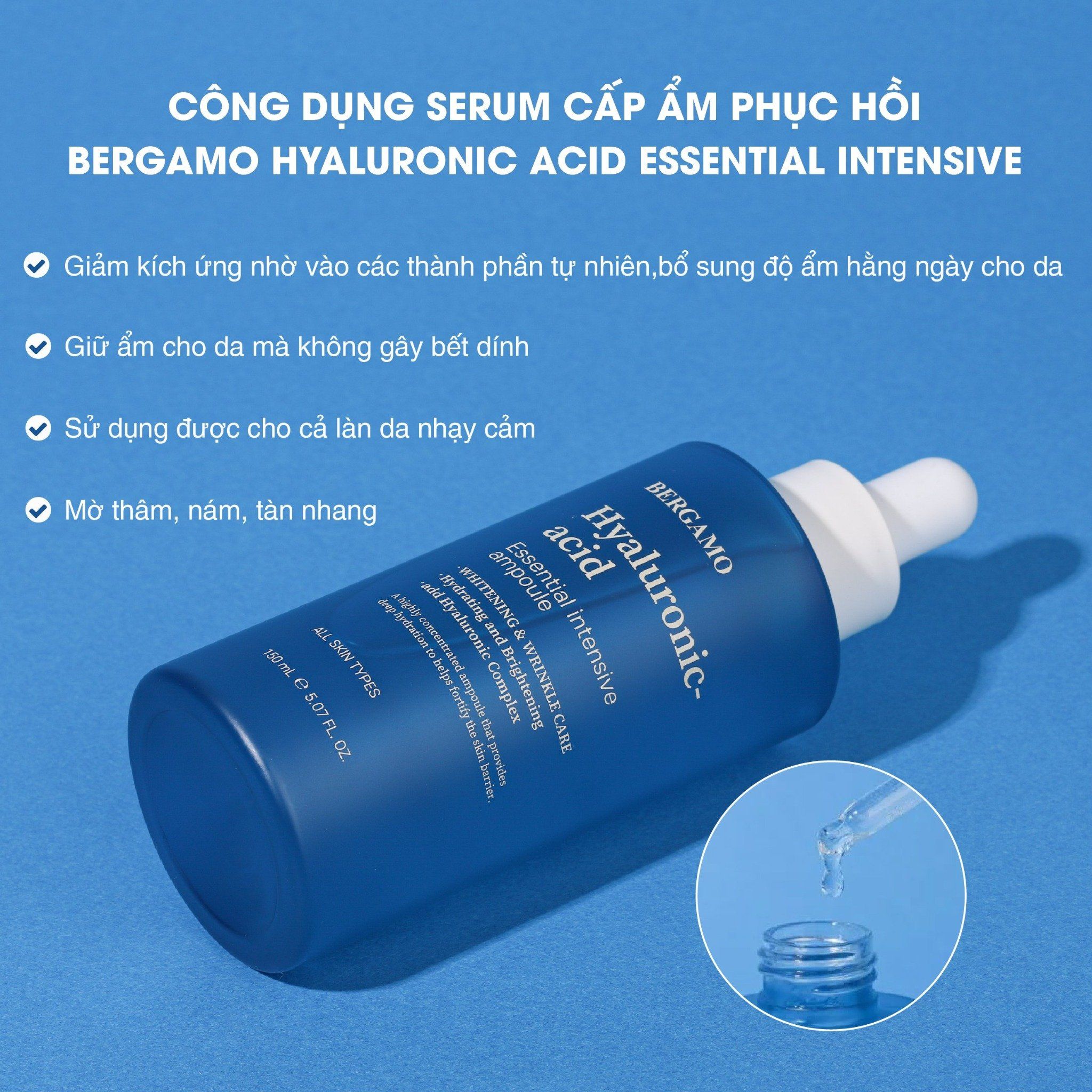 SERUM CẤP ẨM HỖ TRỢ PHỤC HỒI BERGAMO HYALURONIC ACID ESSENTIAL INTENSIVE AMPOULE 150ML