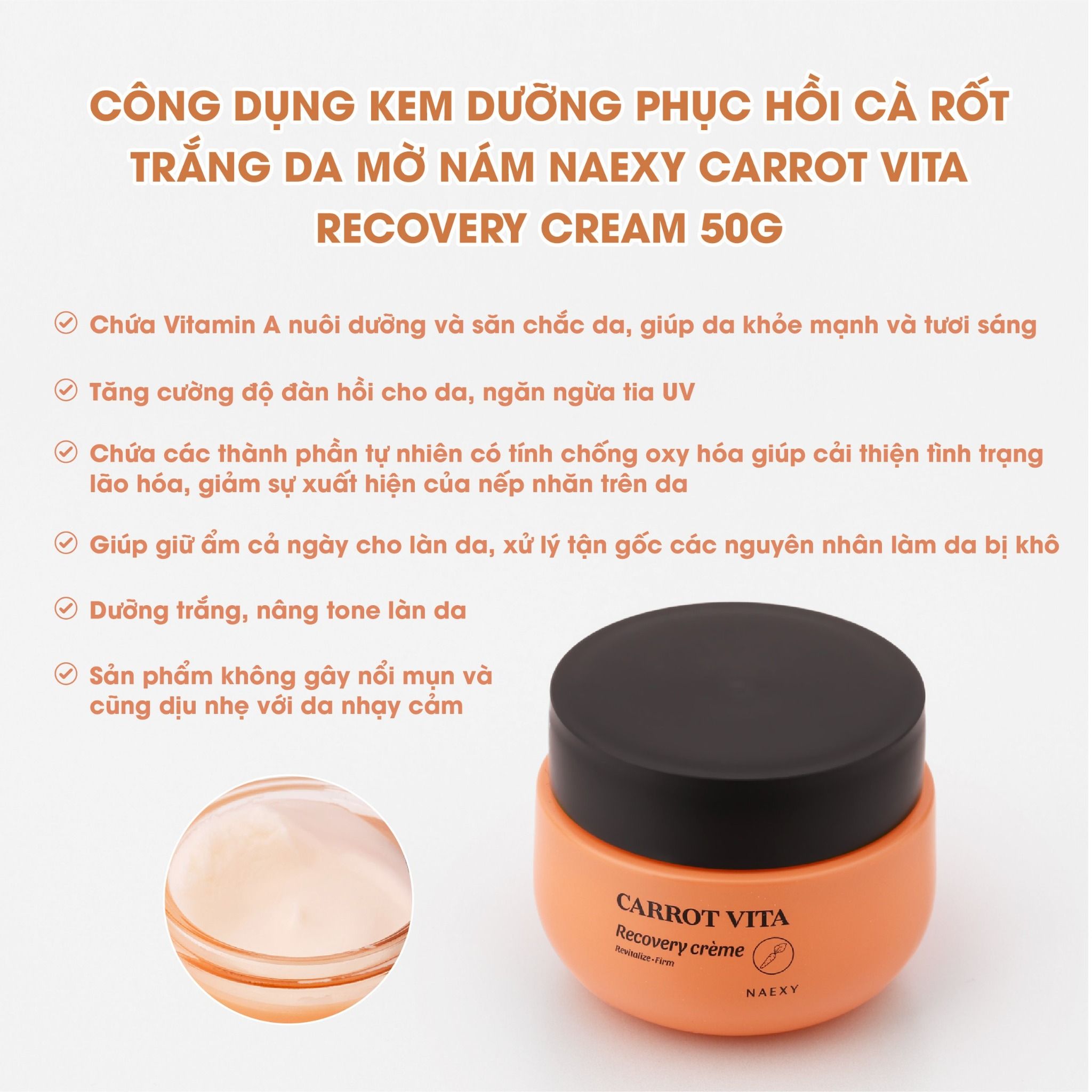 KEM DƯỠNG HỖ TRỢ PHỤC HỒI CÀ RỐT TRẮNG DA MỜ NÁM NAEXY CARROT VITA RECOVERY CREAM 50G