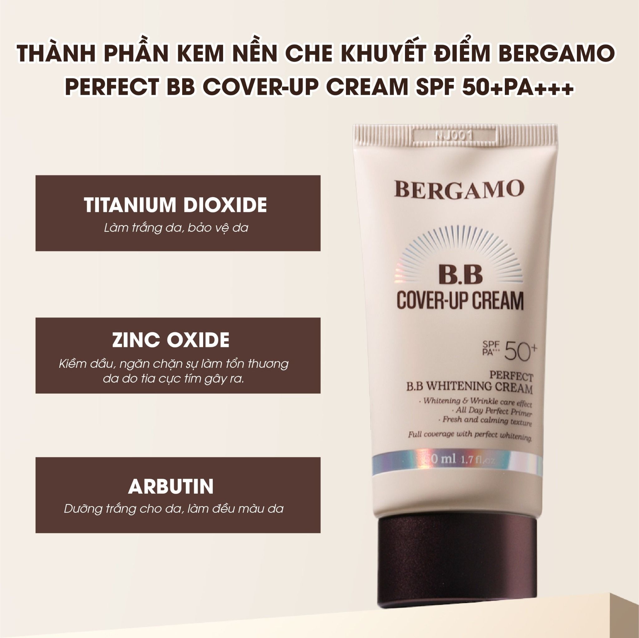 KEM NỀN CHE KHUYẾT ĐIỂM BERGAMO PERFECT BB COVER-UP CREAM SPF 50+PA+++ 50ML