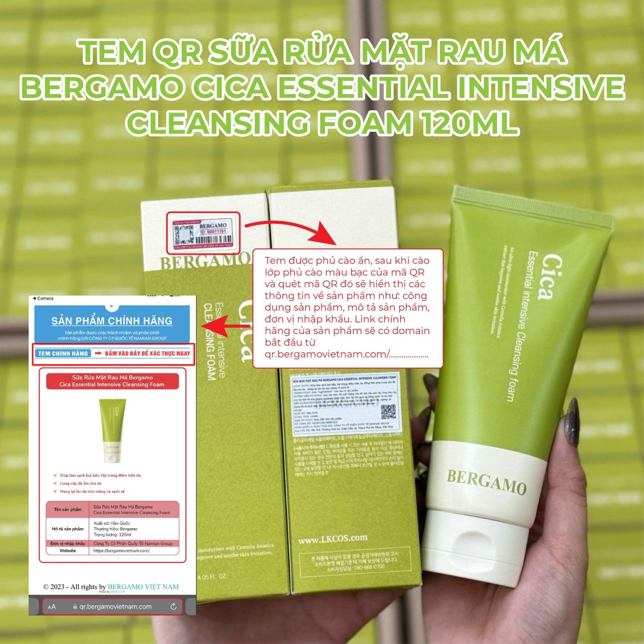 SỮA RỬA MẶT RAU MÁ BERGAMO CICA ESSENTIAL INTENSIVE CLEANSING FOAM 120ML