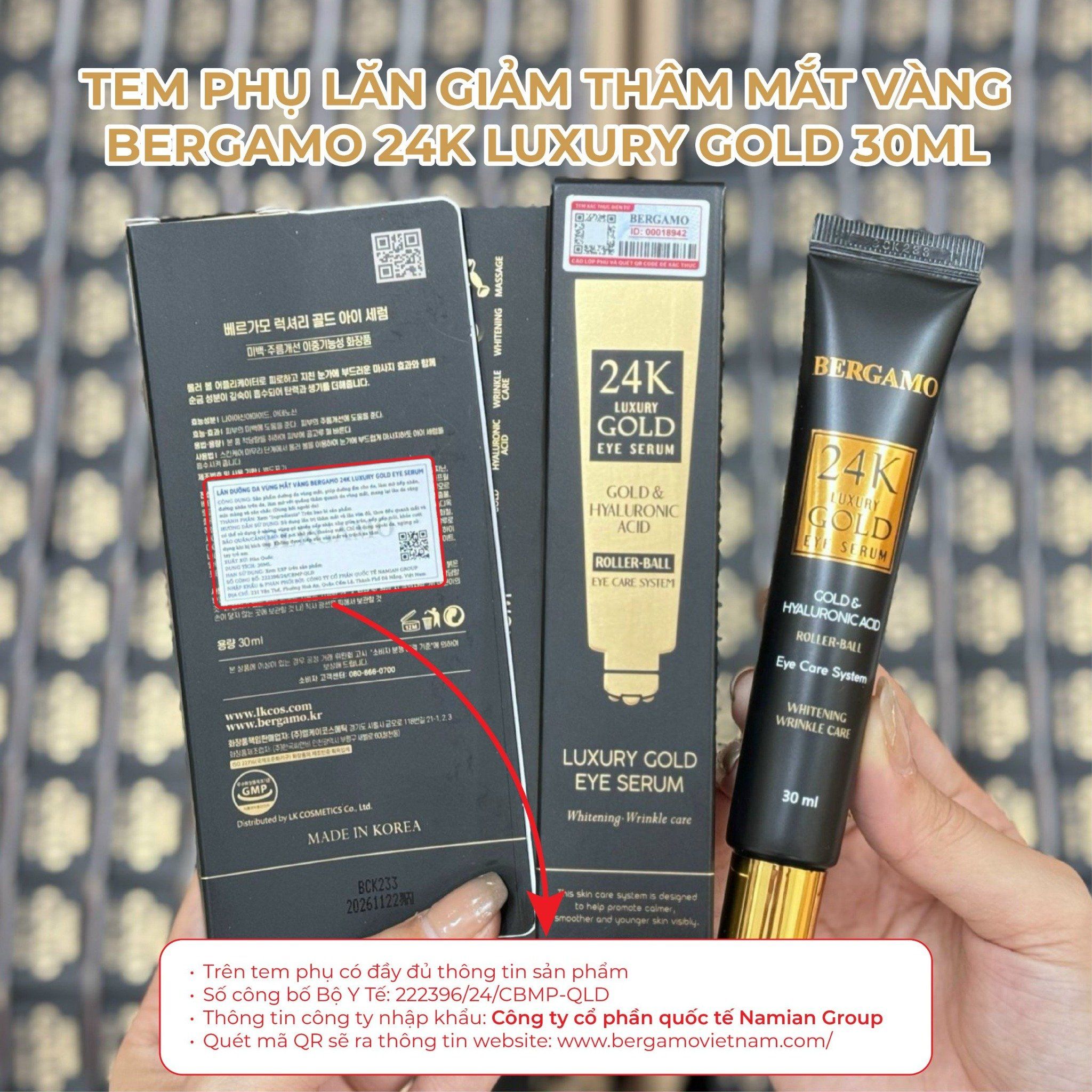 LĂN GIẢM THÂM MẮT VÀNG BERGAMO 24K LUXURY GOLD 30ML