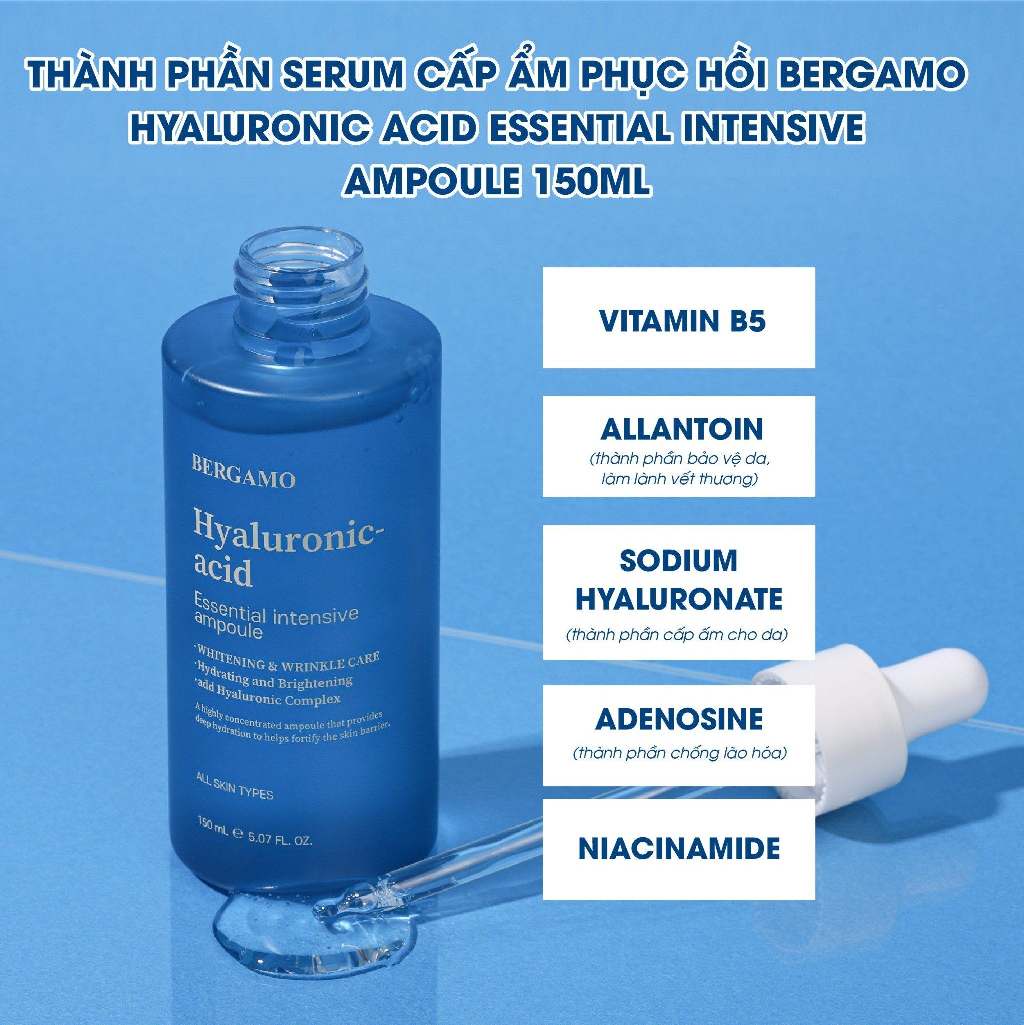 SERUM CẤP ẨM HỖ TRỢ PHỤC HỒI BERGAMO HYALURONIC ACID ESSENTIAL INTENSIVE AMPOULE 150ML