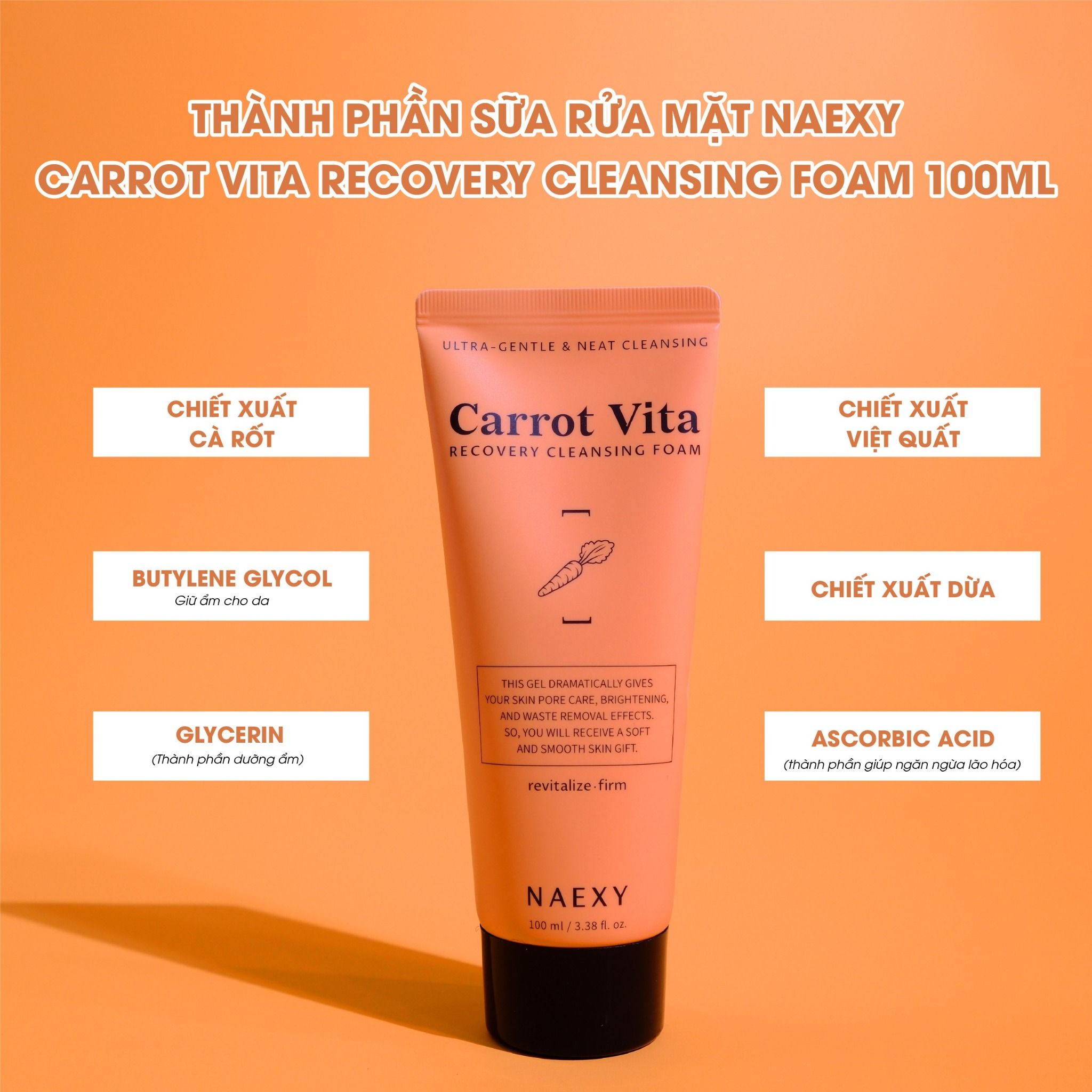SỮA RỬA MẶT CÀ RỐT NAEXY CARROT VITA RECOVERY CLEANSING FOAM 100ML