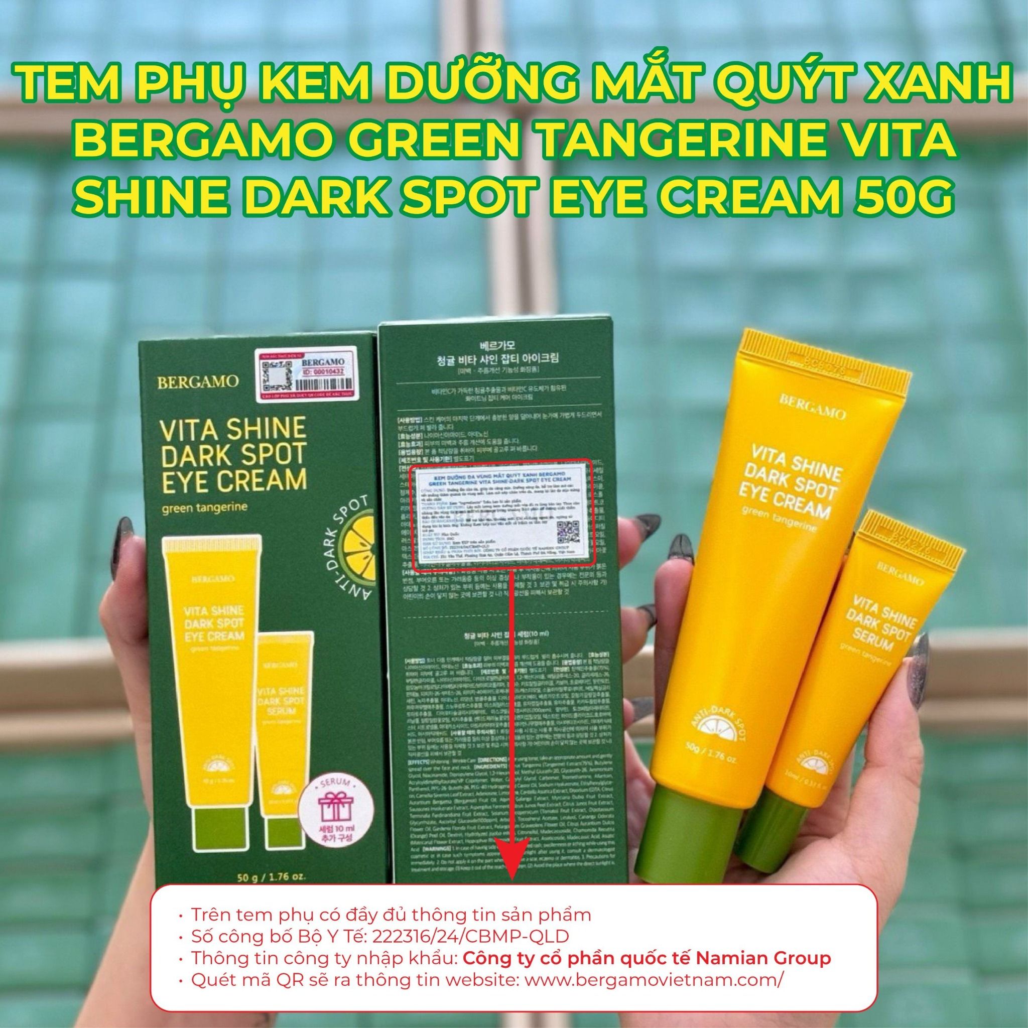 KEM DƯỠNG MẮT QUÝT XANH BERGAMO GREEN TANGERINE VITA SHINE DARK SPOT EYE CREAM 50G (TẶNG TUÝP 10ML)