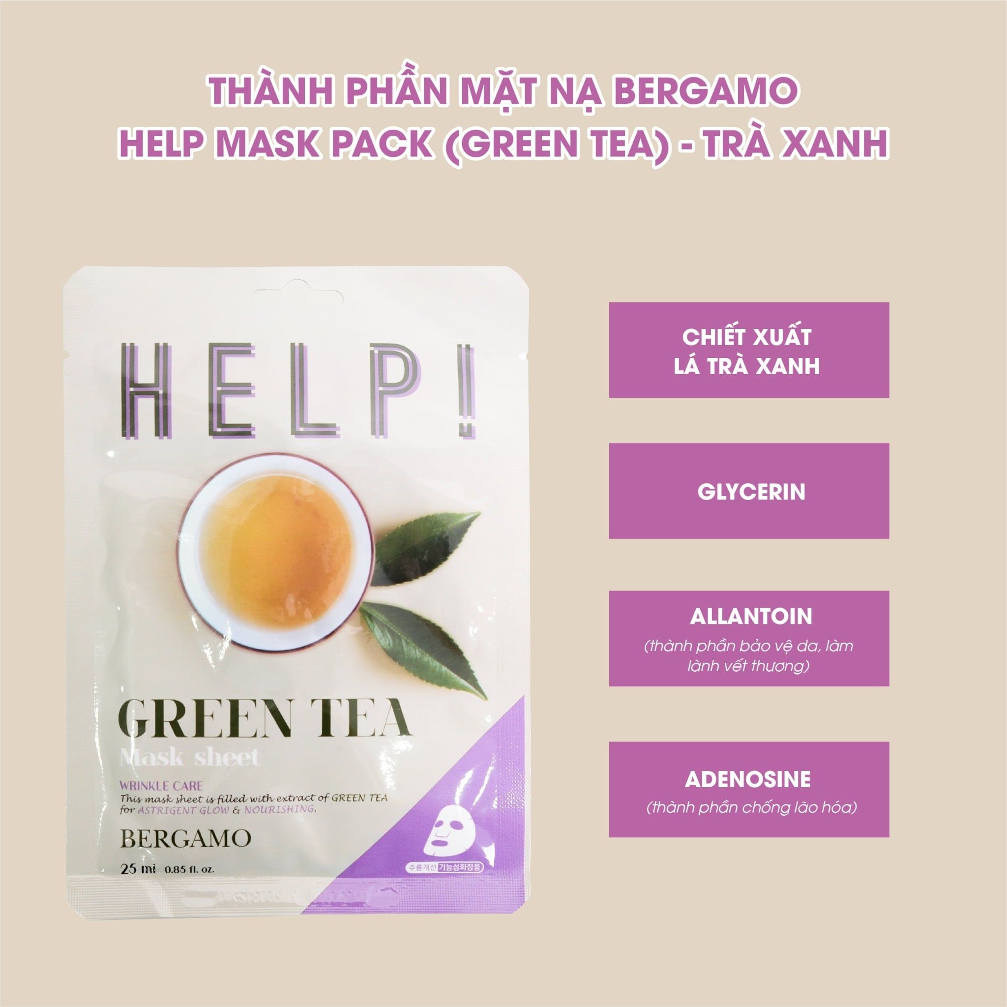 MẶT NẠ BERGAMO HELP MASK PACK GREEN TEA - TRÀ XANH
