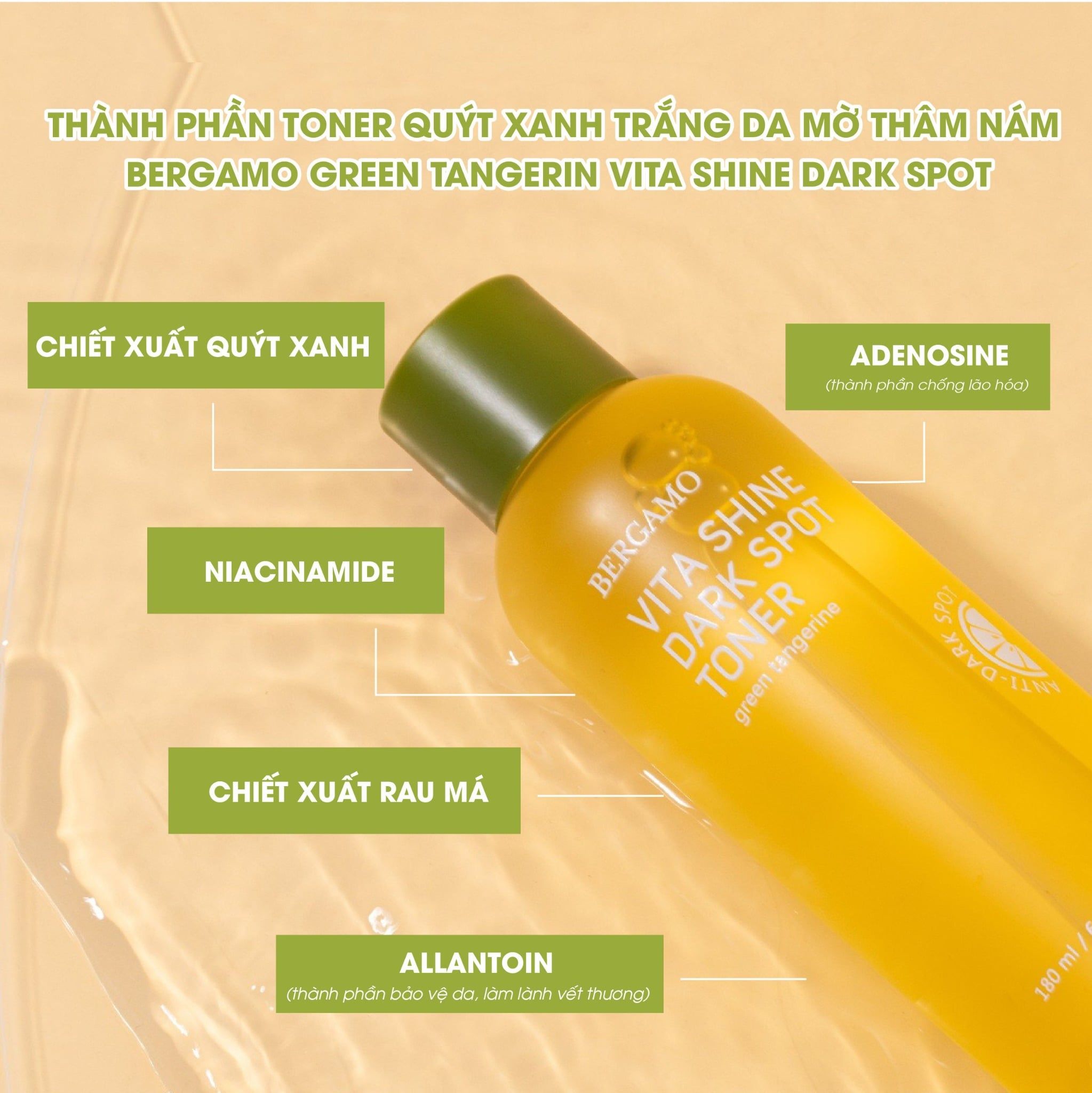 TONER QUÝT XANH SÁNG DA MỜ THÂM NÁM BERGAMO GREEN TANGERINE VITA SHINE DARK SPOT TONER 180ML