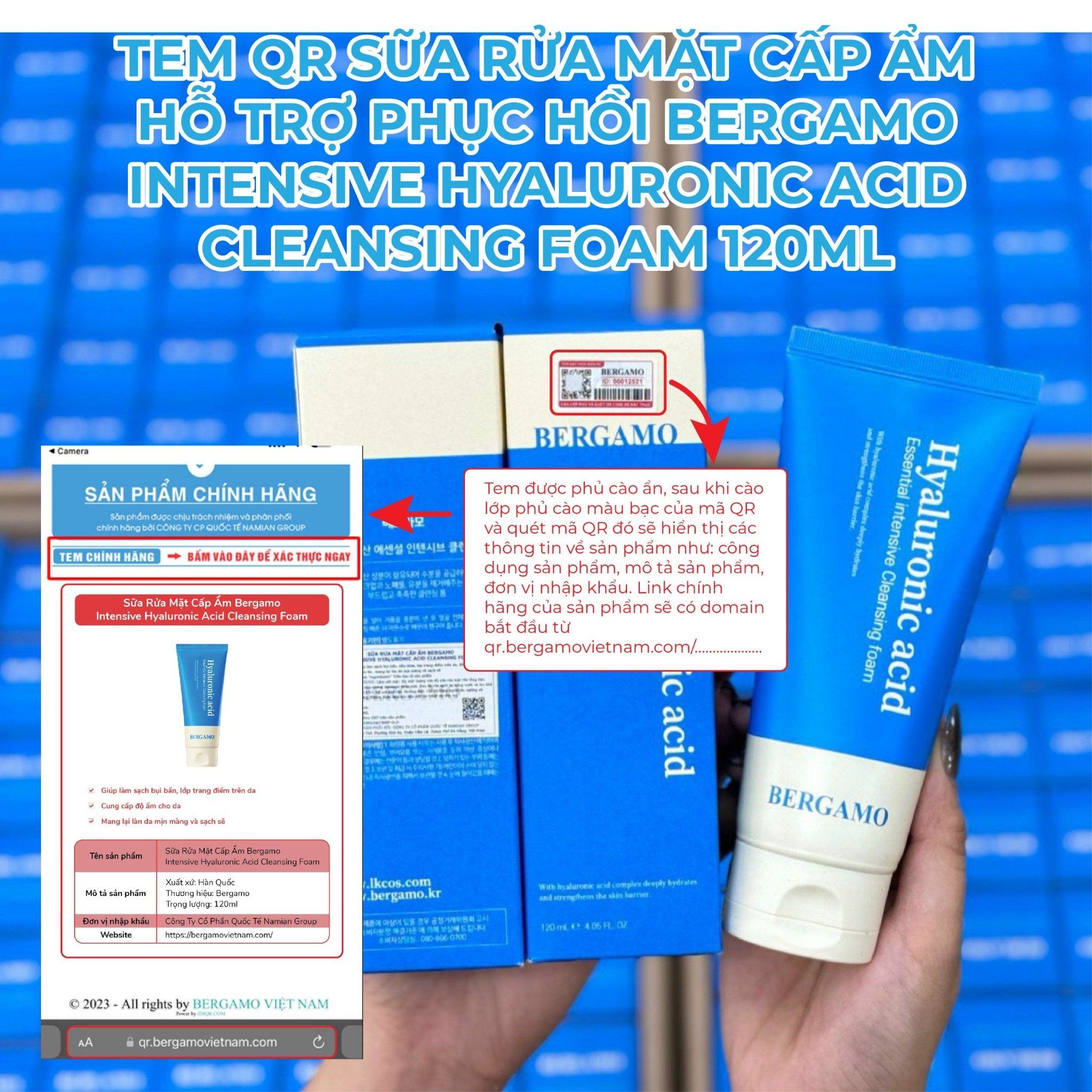 SỮA RỬA MẶT CẤP ẨM HỖ TRỢ PHỤC HỒI BERGAMO INTENSIVE HYALURONIC ACID CLEANSING FOAM 120ML