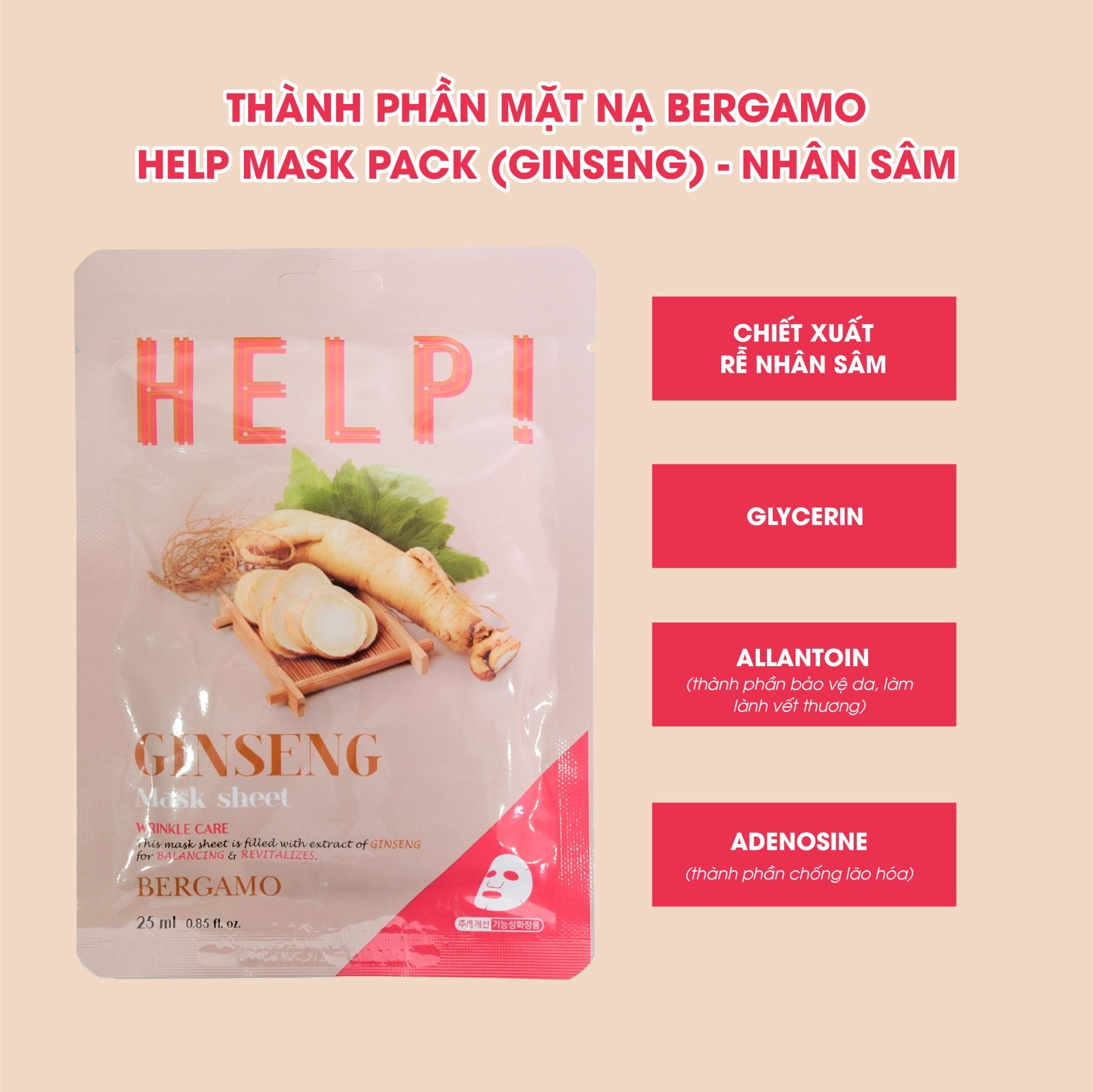 MẶT NẠ BERGAMO HELP MASK PACK GINSENG - NHÂN SÂM