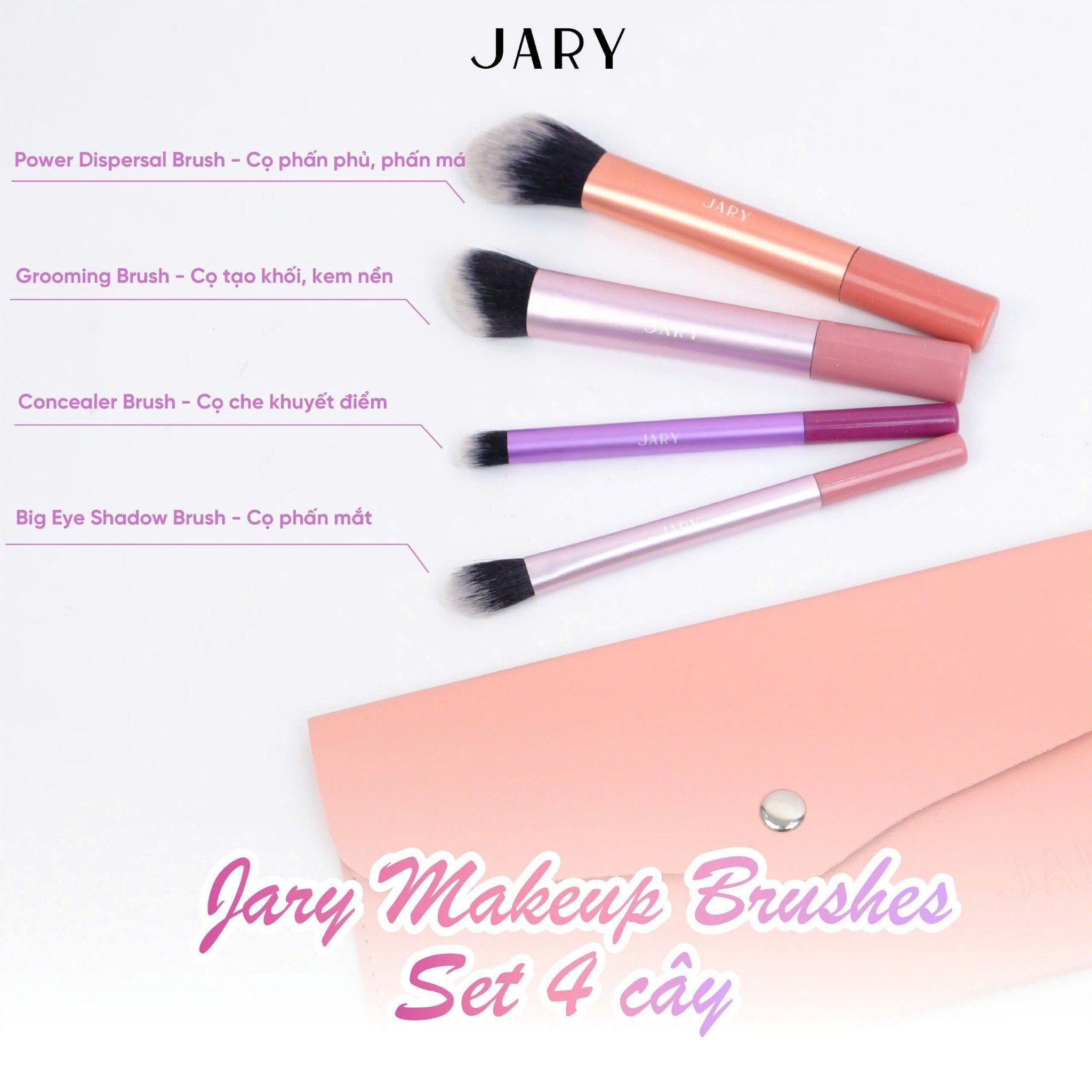 BỘ CỌ TRANG ĐIỂM JARY MAKEUP BRUSH - SET 4 CÂY - MÀU CẦU VỒNG + TÚI ĐỰNG DA PU