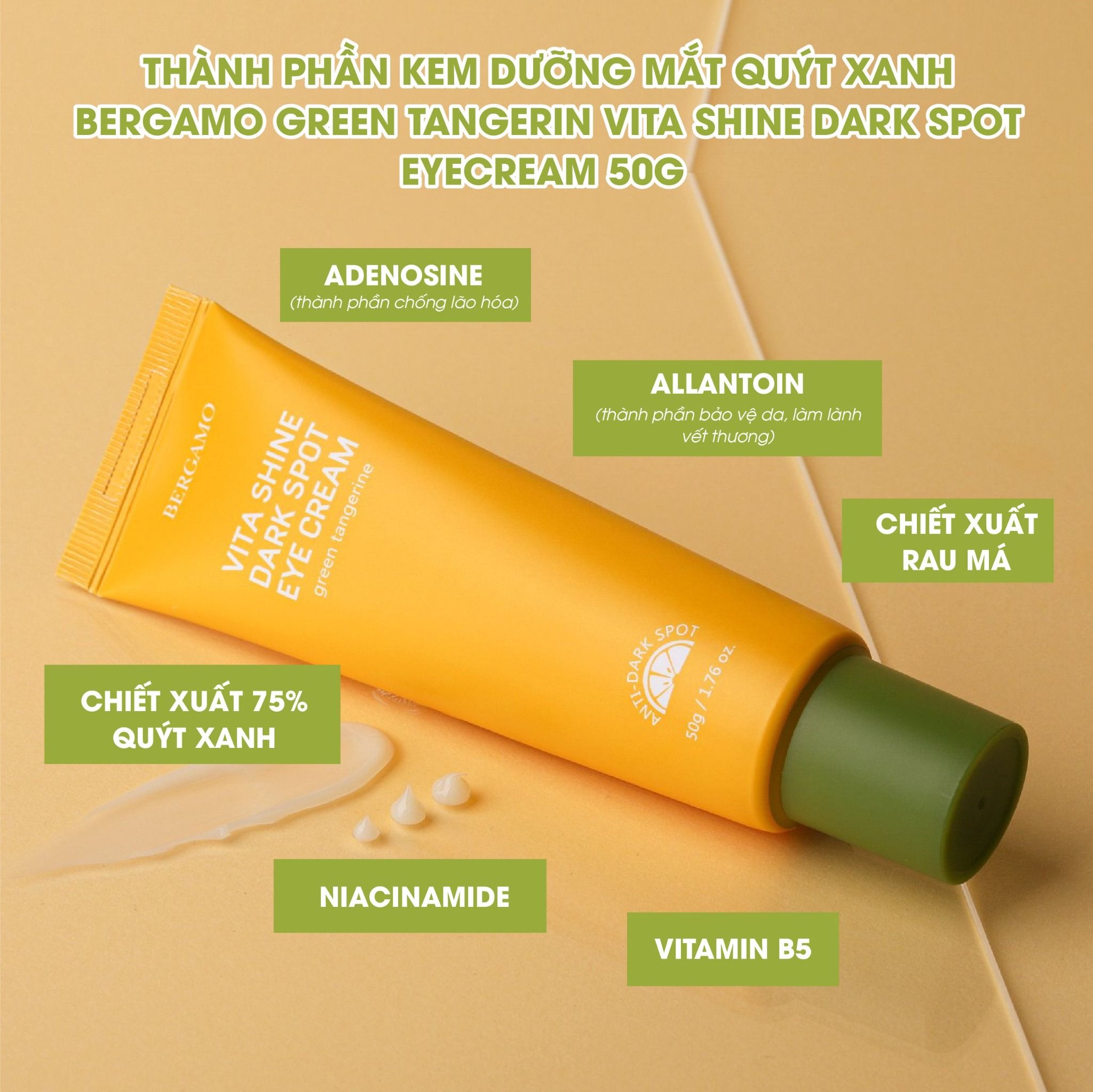 KEM DƯỠNG MẮT QUÝT XANH BERGAMO GREEN TANGERINE VITA SHINE DARK SPOT EYE CREAM 50G (TẶNG TUÝP 10ML)