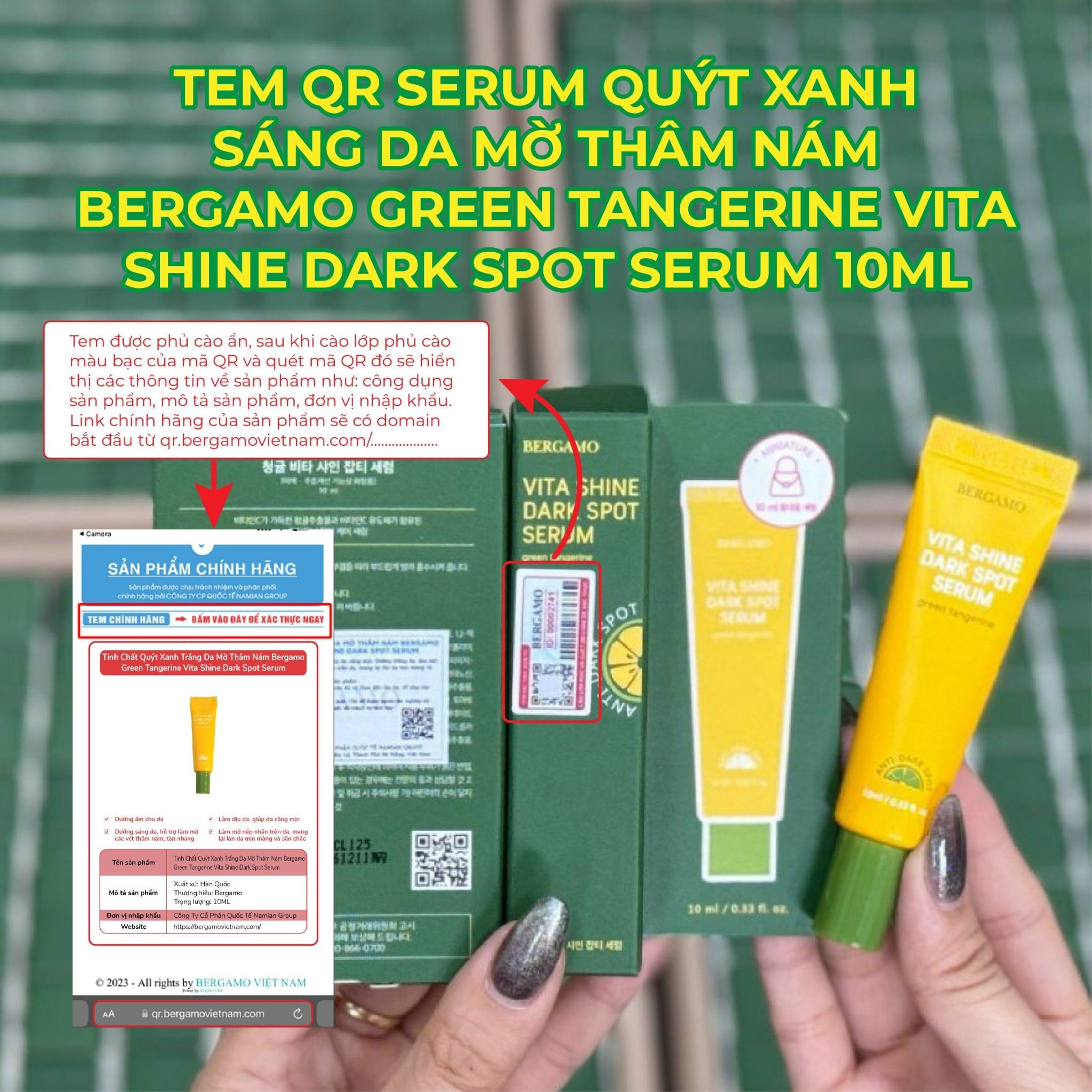 SERUM QUÝT XANH SÁNG DA MỜ THÂM NÁM BERGAMO GREEN TANGERINE VITA SHINE DARK SPOT SERUM 10ML