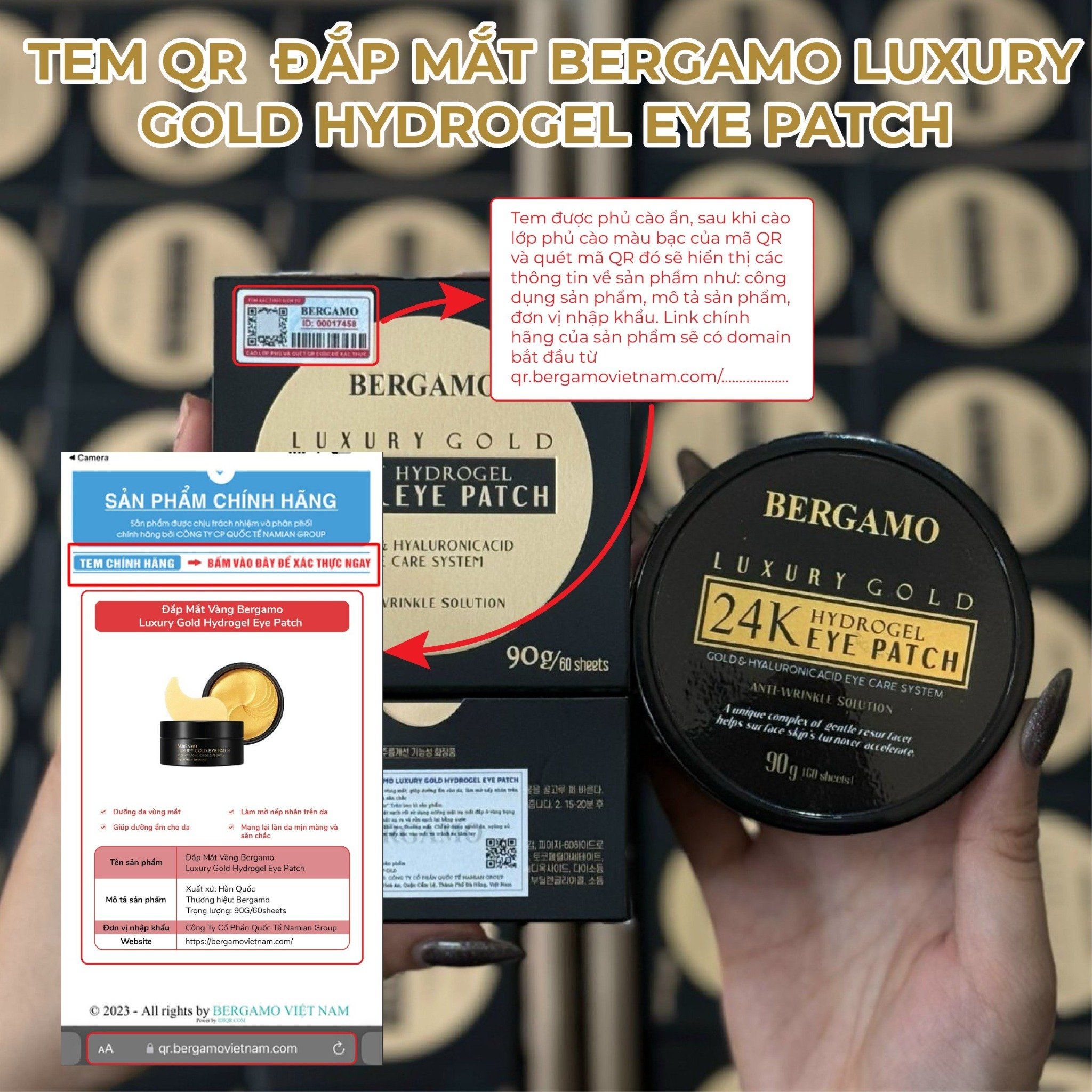 ĐẮP MẮT BERGAMO LUXURY GOLD HYDROGEL EYE PATCH (60PCS) 90G