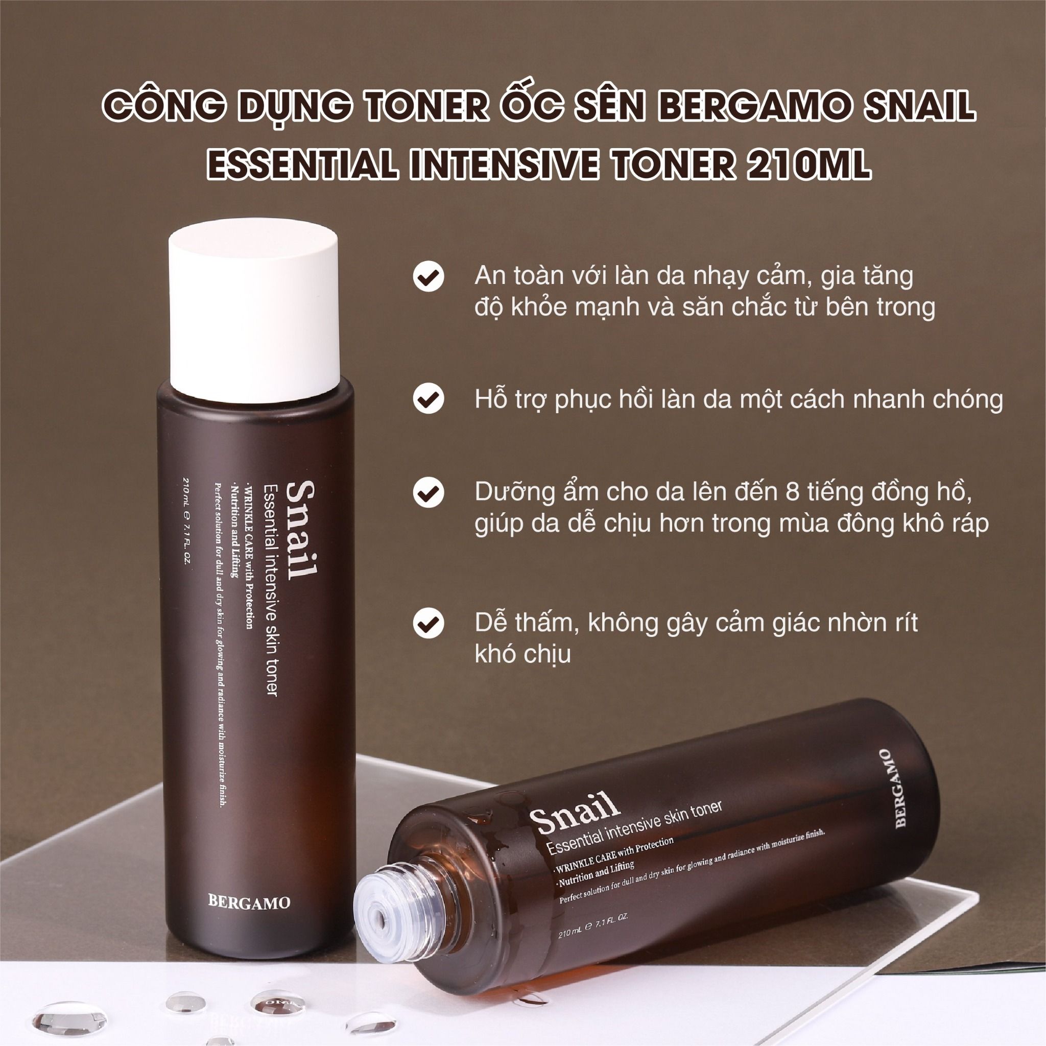 TONER ỐC SÊN BERGAMO SNAIL ESSENTIAL INTENSIVE TONER 210ML