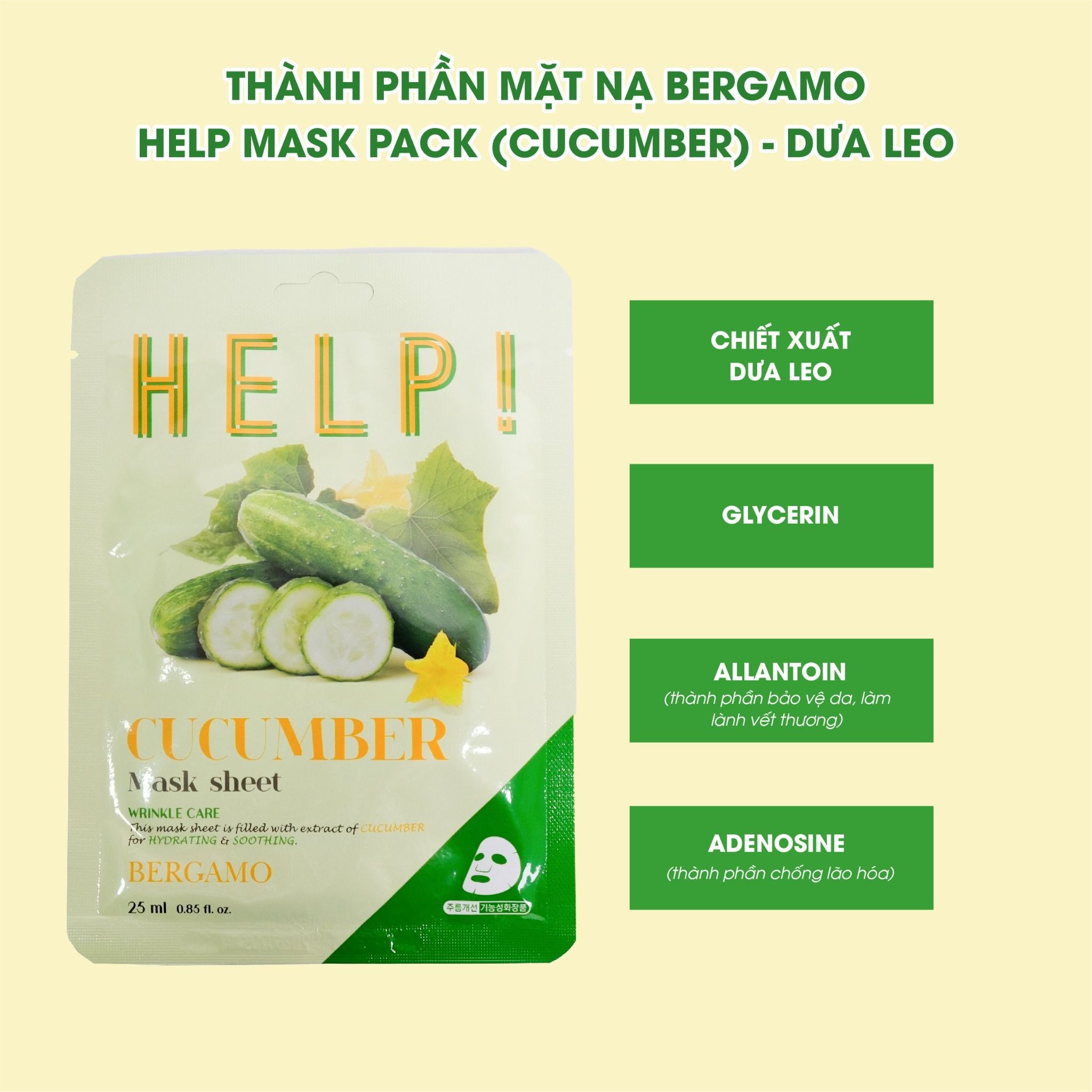 MẶT NẠ BERGAMO HELP MASK PACK CUCUMBER - DƯA LEO