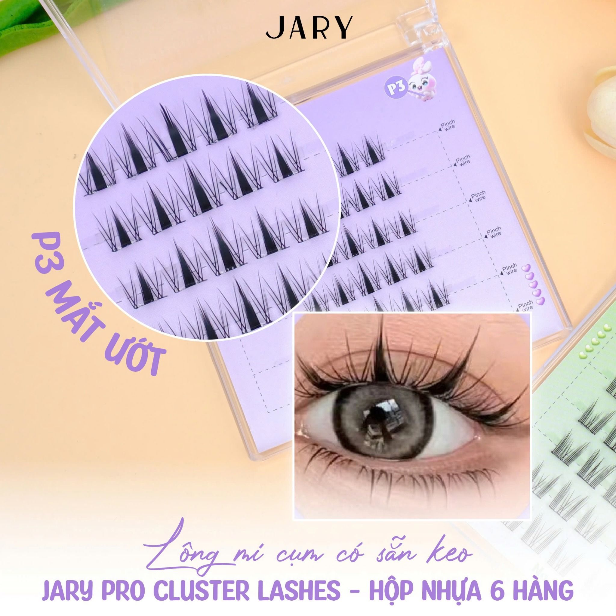 LÔNG MI CỤM CÓ SẴN KEO JARY PRO CLUSTER LASHES HỘP NHỰA 6 HÀNG - P3 MẮT ƯỚT - KHÔNG HỘP