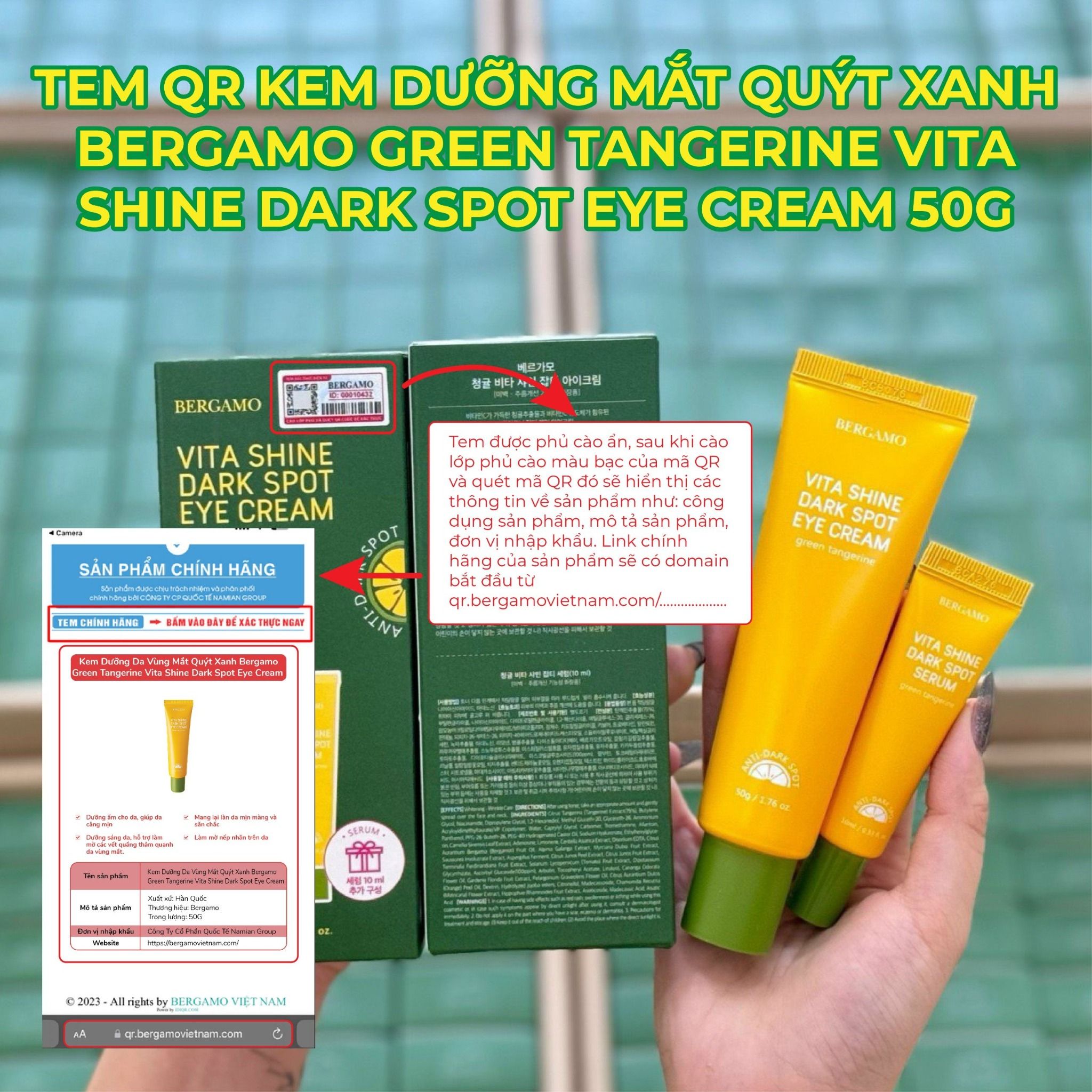 KEM DƯỠNG MẮT QUÝT XANH BERGAMO GREEN TANGERINE VITA SHINE DARK SPOT EYE CREAM 50G (TẶNG TUÝP 10ML)